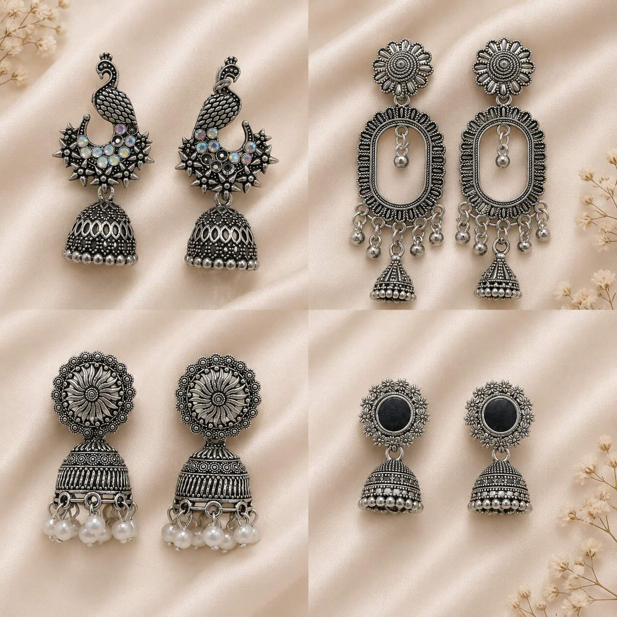 Oxidized Silver Plated Ethnic Earrings Combo for Women | Traditional Jhumk