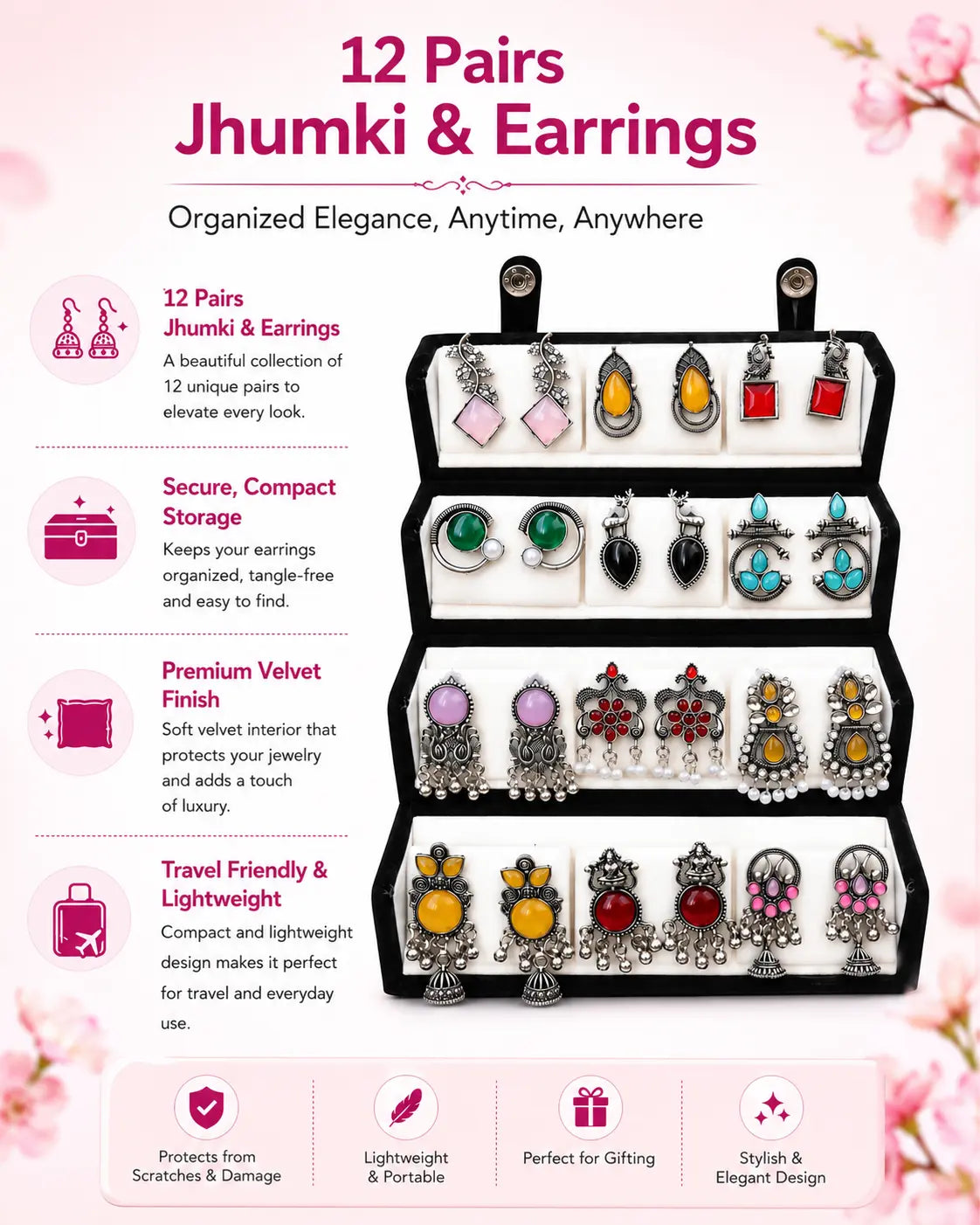 Jhumka Oxidized Designer Earrings Set of 12 With Folding Jewelry Box | Minimalist & Traditional Jhumka Set for Womens & Girls