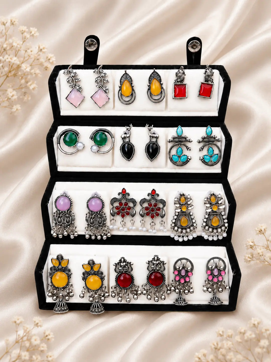 Jhumka Oxidized Designer Earrings Set of 12 With Folding Jewelry Box | Minimalist & Traditional Jhumka Set for Womens & Girls