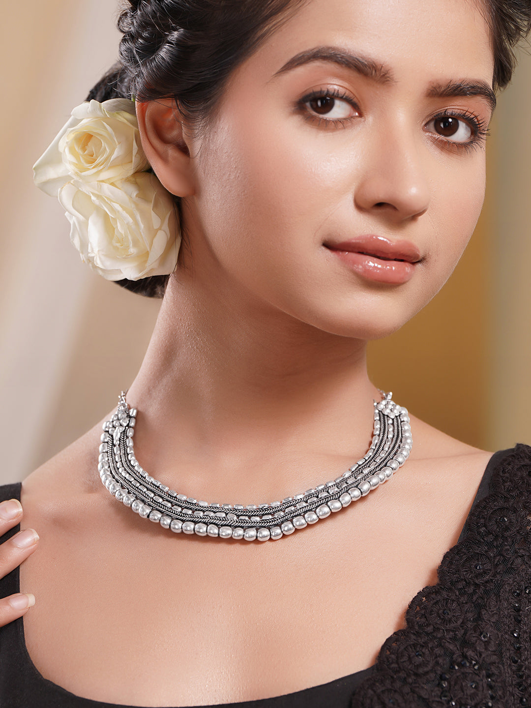 Oxidised Silver Tone Brass Layered Bead Statement Necklace