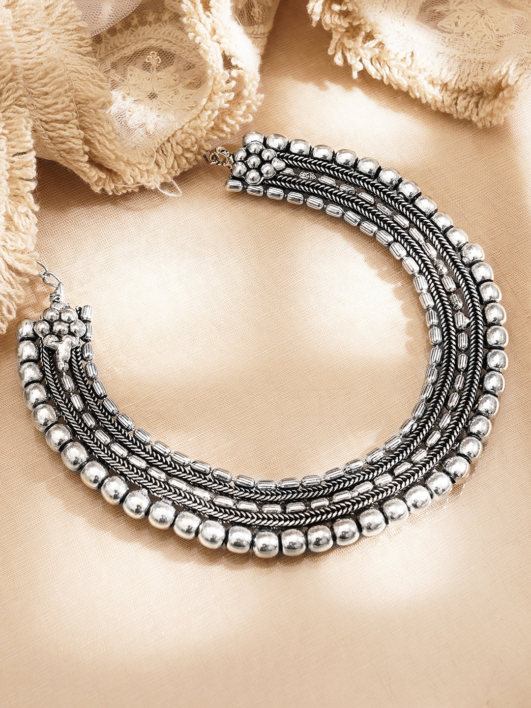 Oxidised Silver Tone Brass Layered Bead Statement Necklace