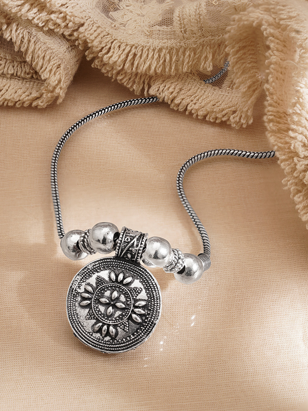 Oxidised Silver Tone Brass Engraved Motif Long Necklace