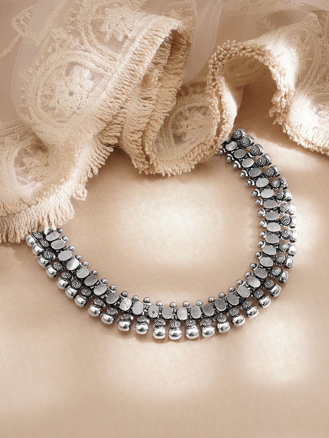 Oxidised Silver Tone Brass Oval Link Ghungroo Statement Necklace