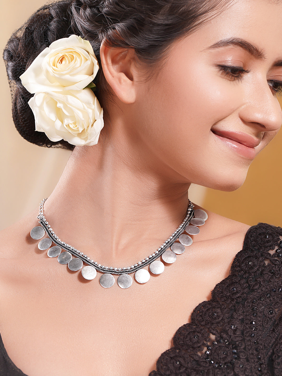 Oxidised Silver Tone Brass Coin Design Statement Necklace