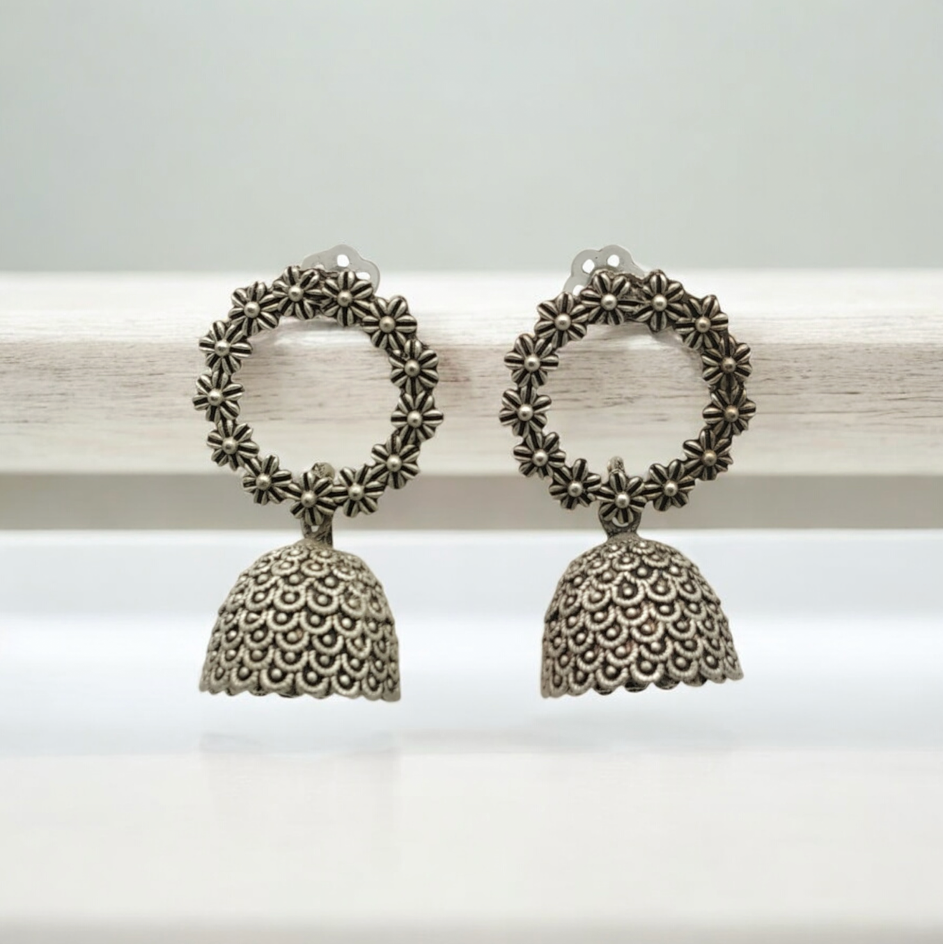 Oxidized Silver Floral Ring Jhumkas