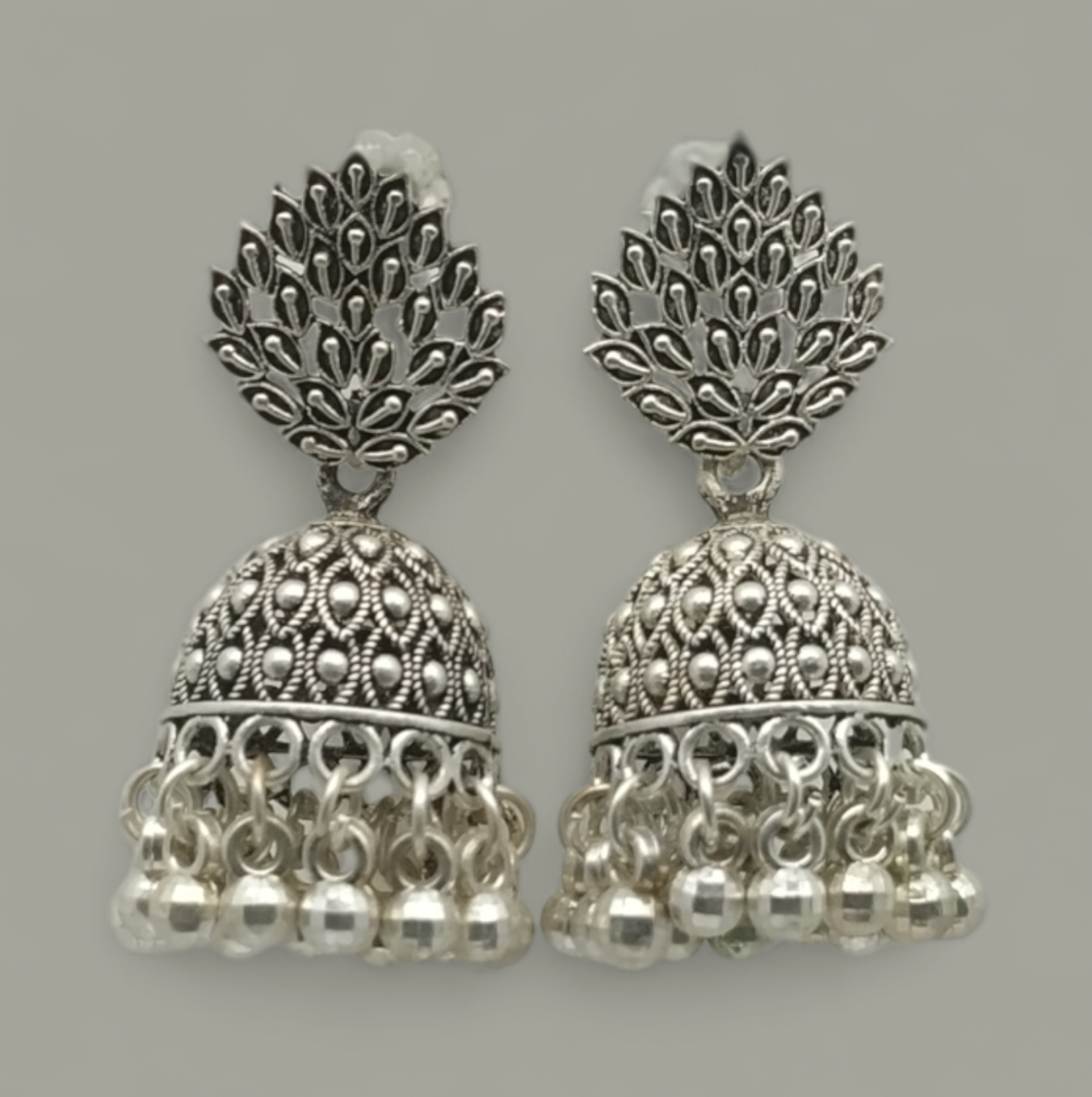 Peacock Design Oxidized Silver Jhumkas