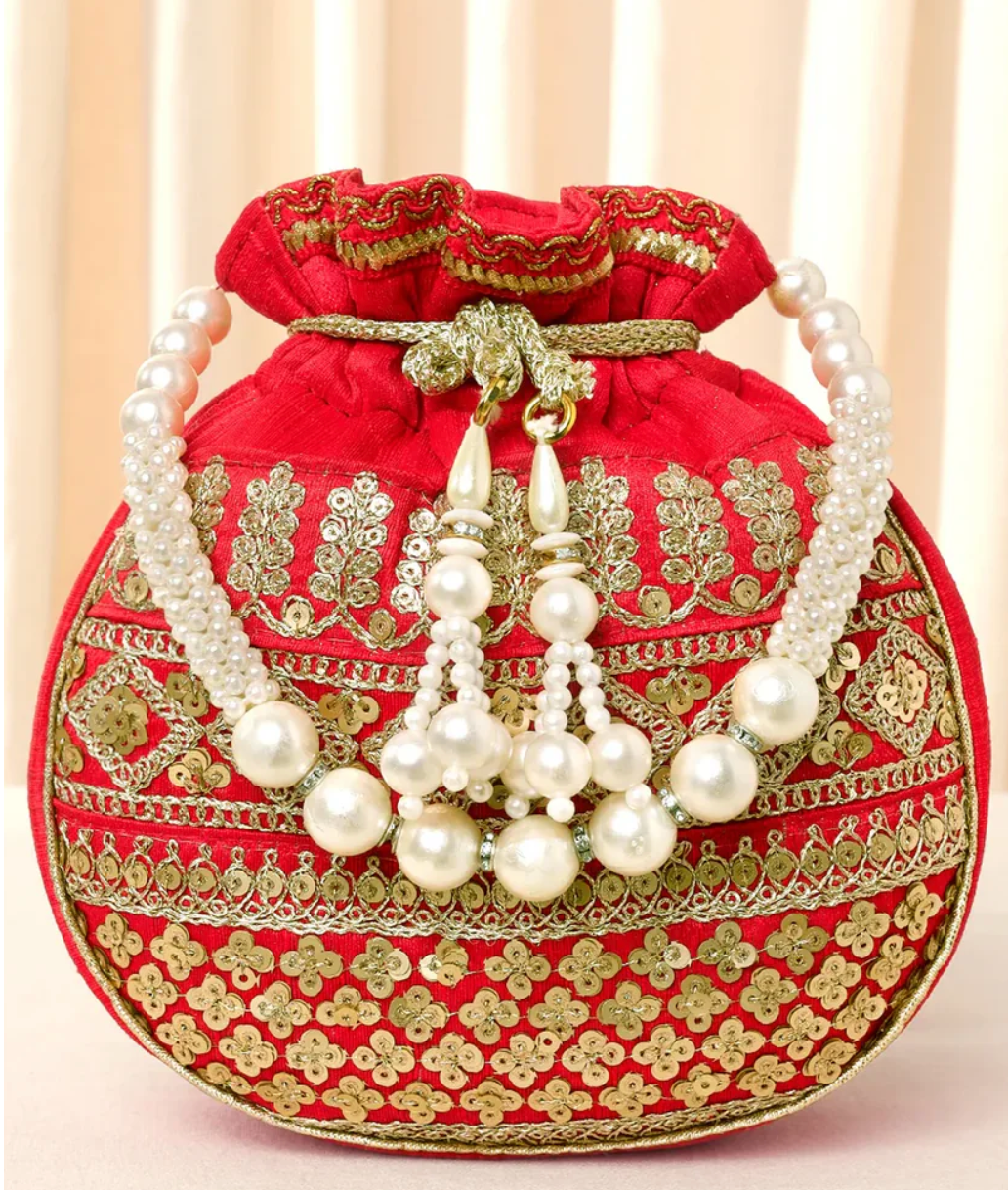 Traditional Red and Gold Embroidered Potli Bag
