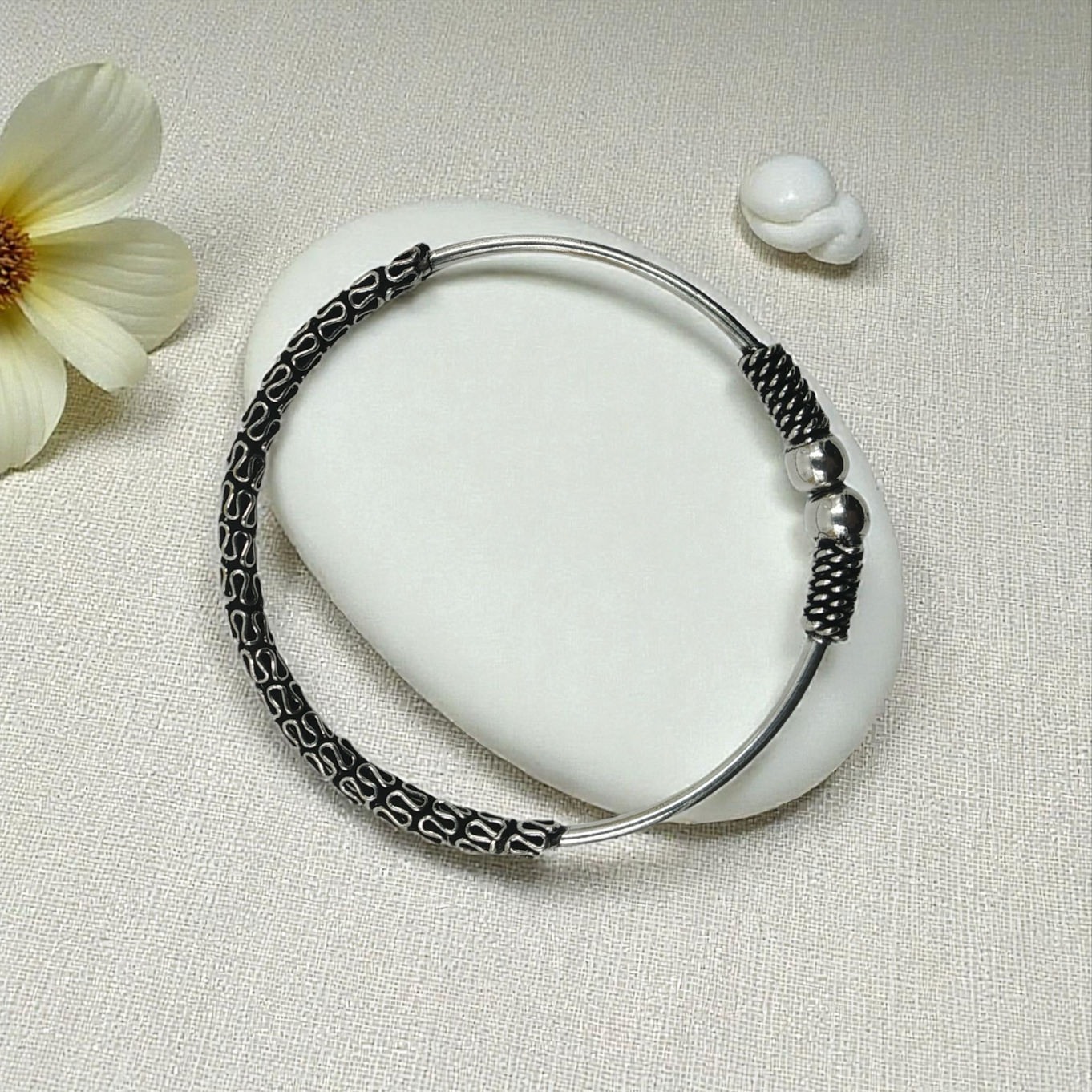 Oxidized Silver Coil & Chain Open Cuff Bracelet