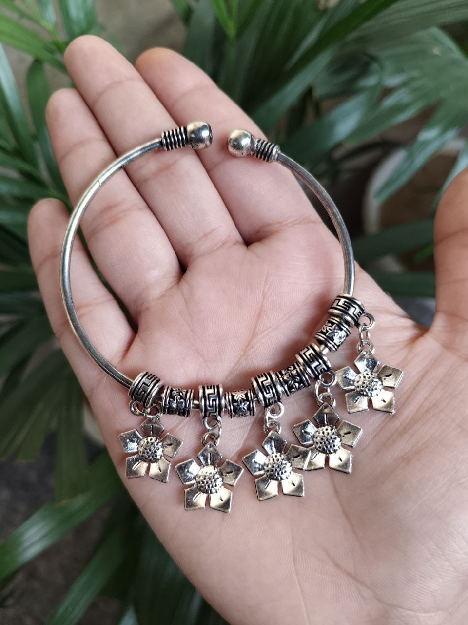Tribal Style Silver Finish Floral Drop Bangle
