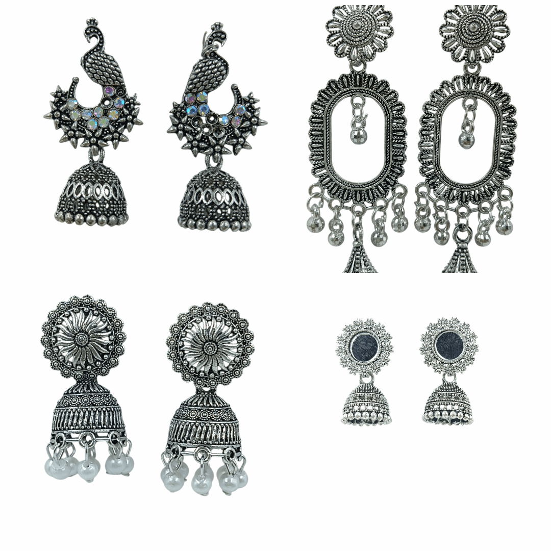 Oxidized Silver Plated Ethnic Earrings Combo for Women | Traditional Jhumk