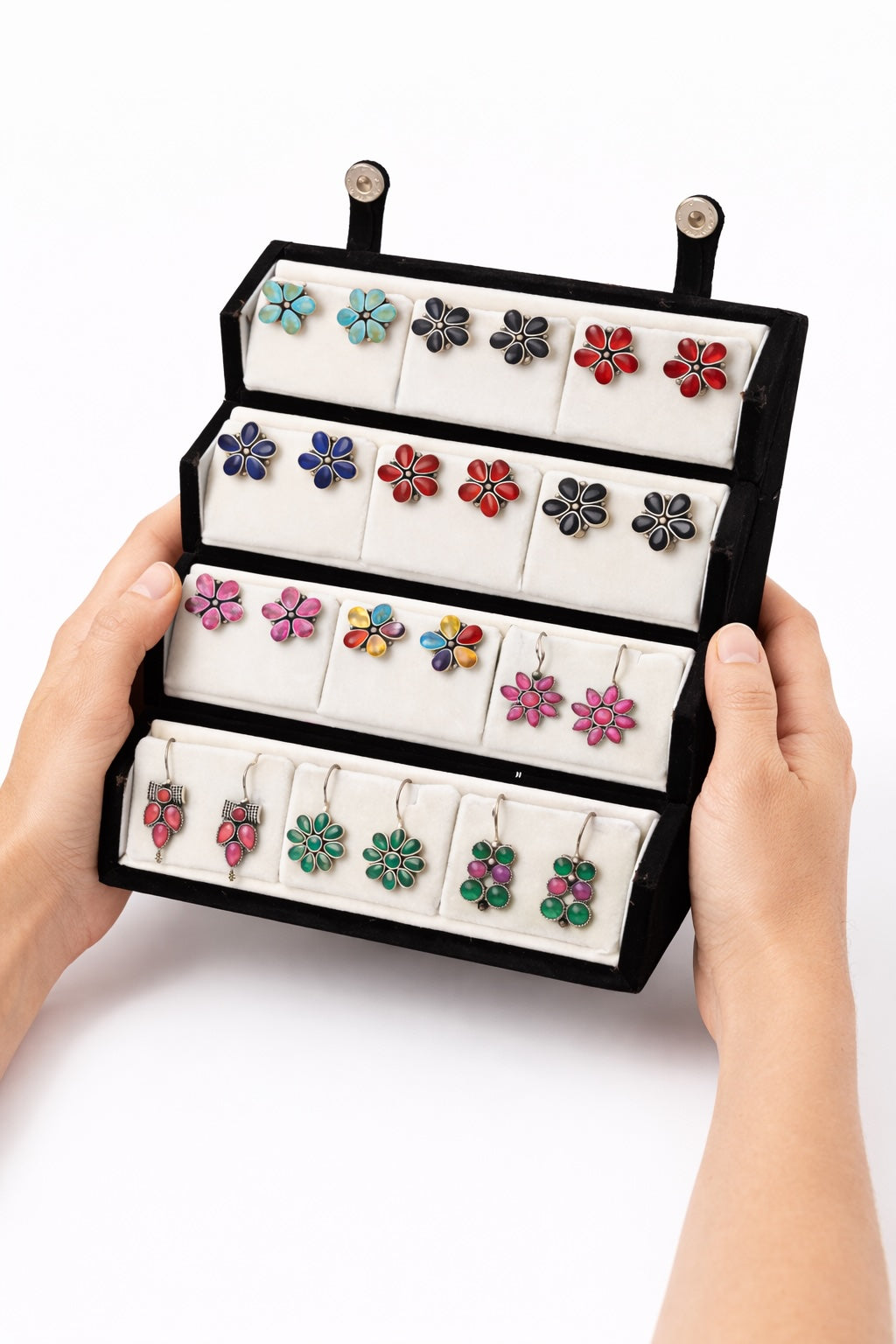 Set Of 12 Oxidized Designer Earrings With Folding Jewelry Box