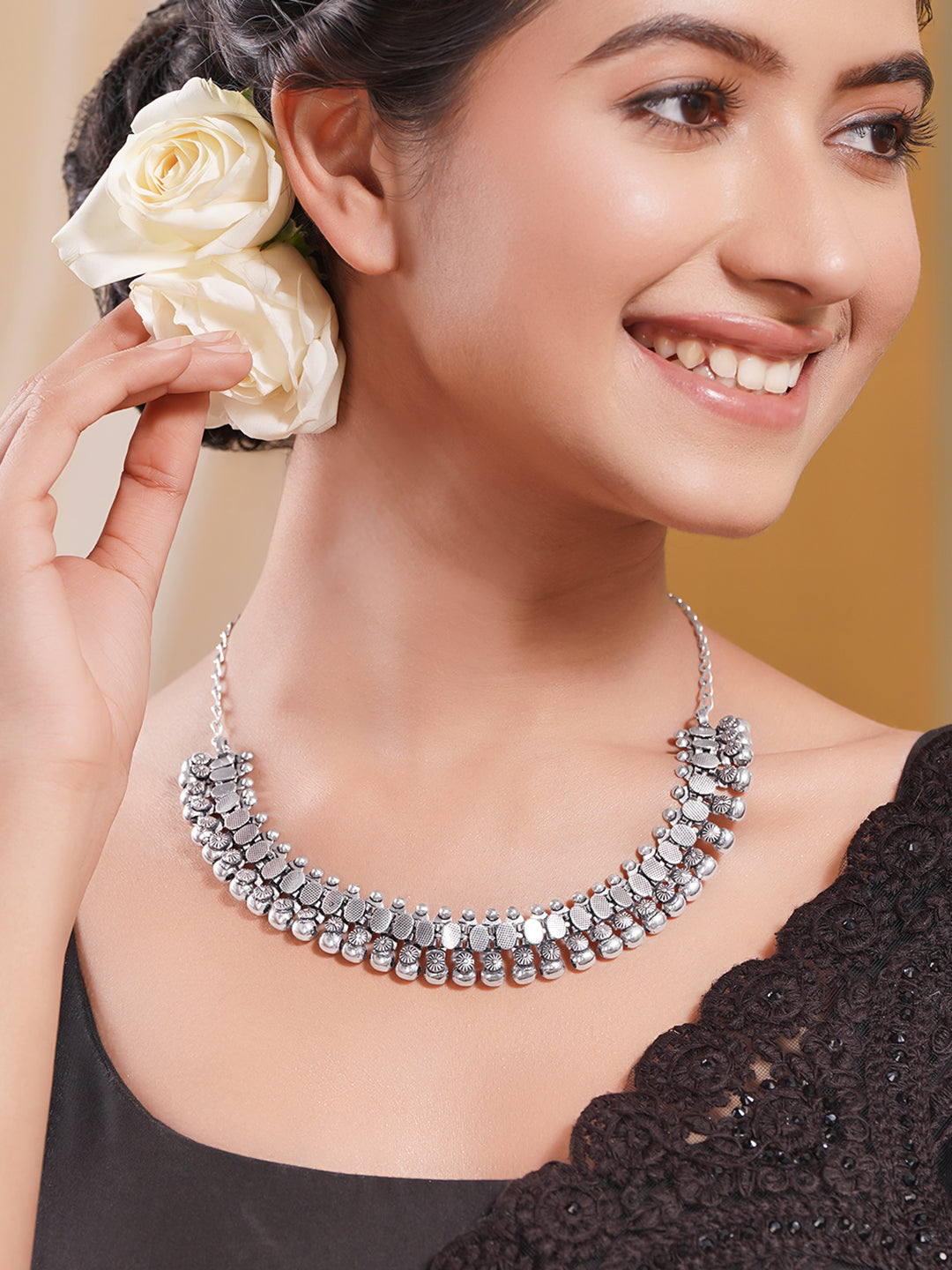 Oxidised Silver Tone Brass Oval Link Ghungroo Statement Necklace