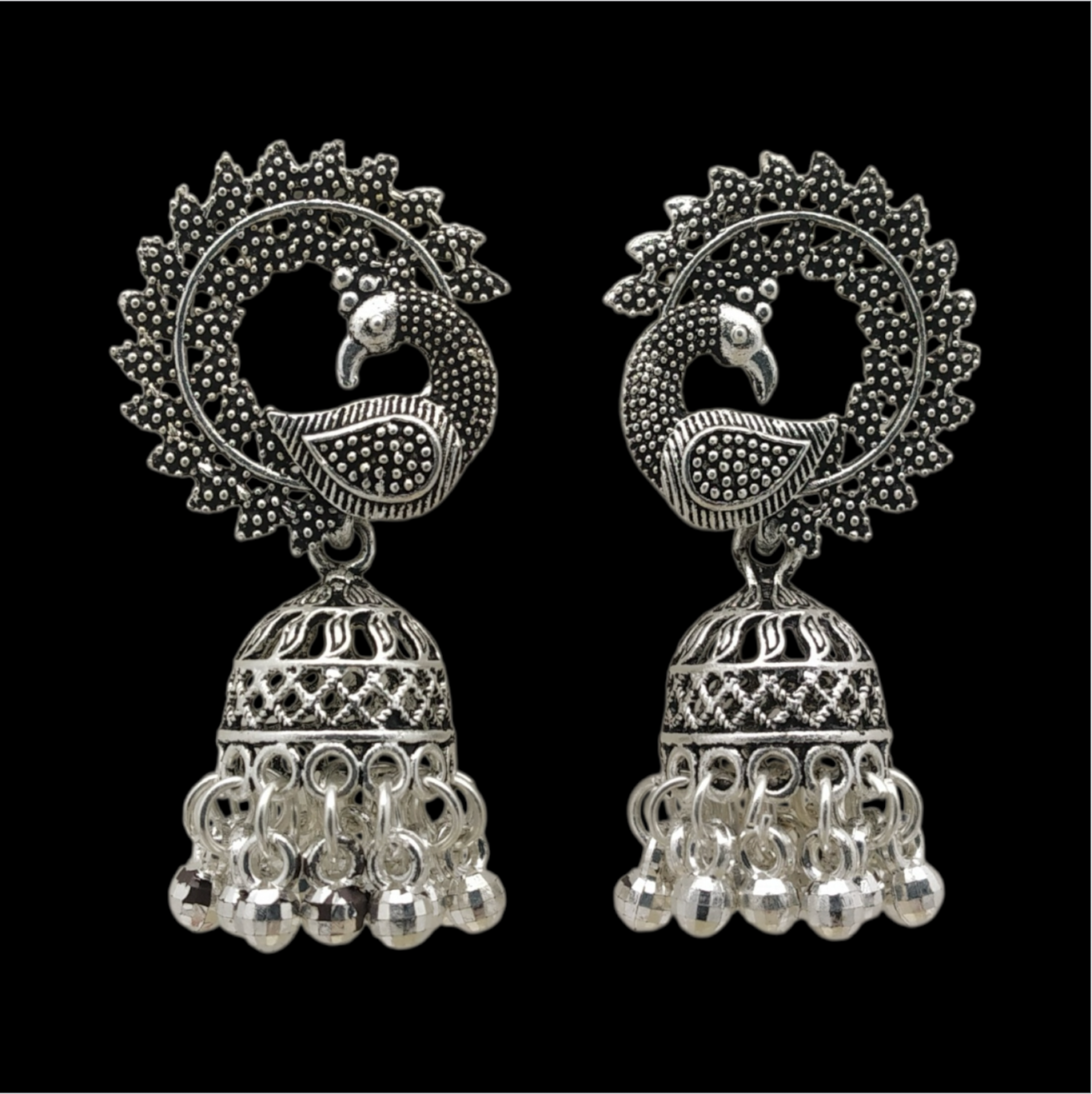 Silver Oxidized Peacock Jhumkas - Ethnic Indian Earrings