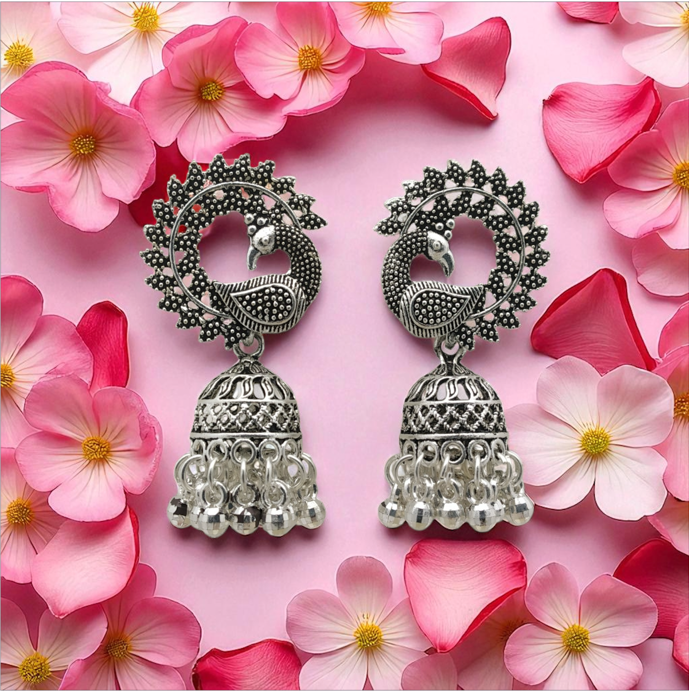 Silver Oxidized Peacock Jhumkas - Ethnic Indian Earrings