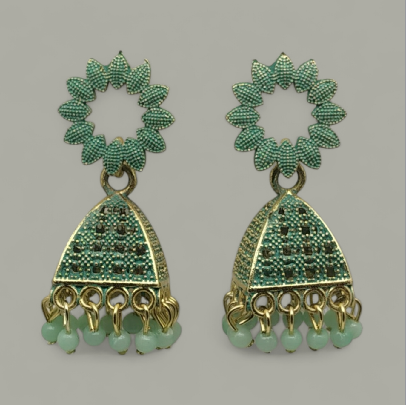 Oxidized Gold & Green Jhumkas | Traditional Indian Bell Earrings