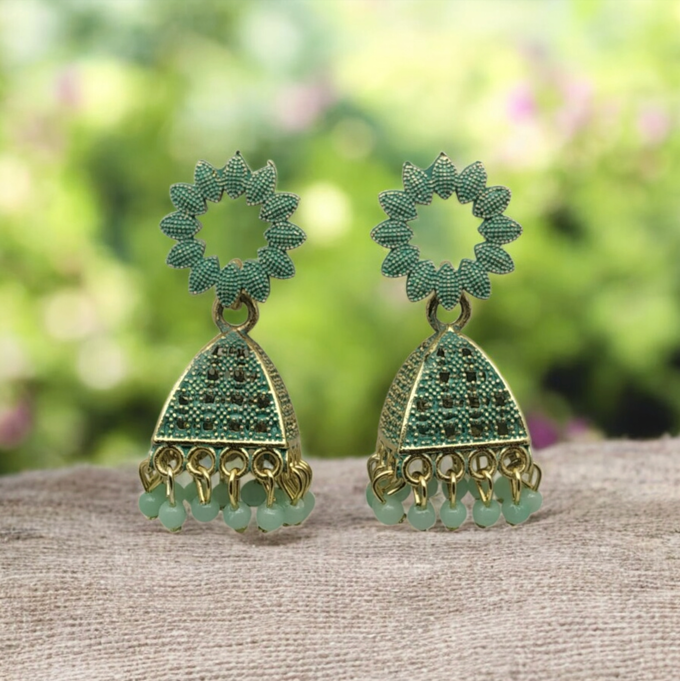 Oxidized Gold & Green Jhumkas | Traditional Indian Bell Earrings