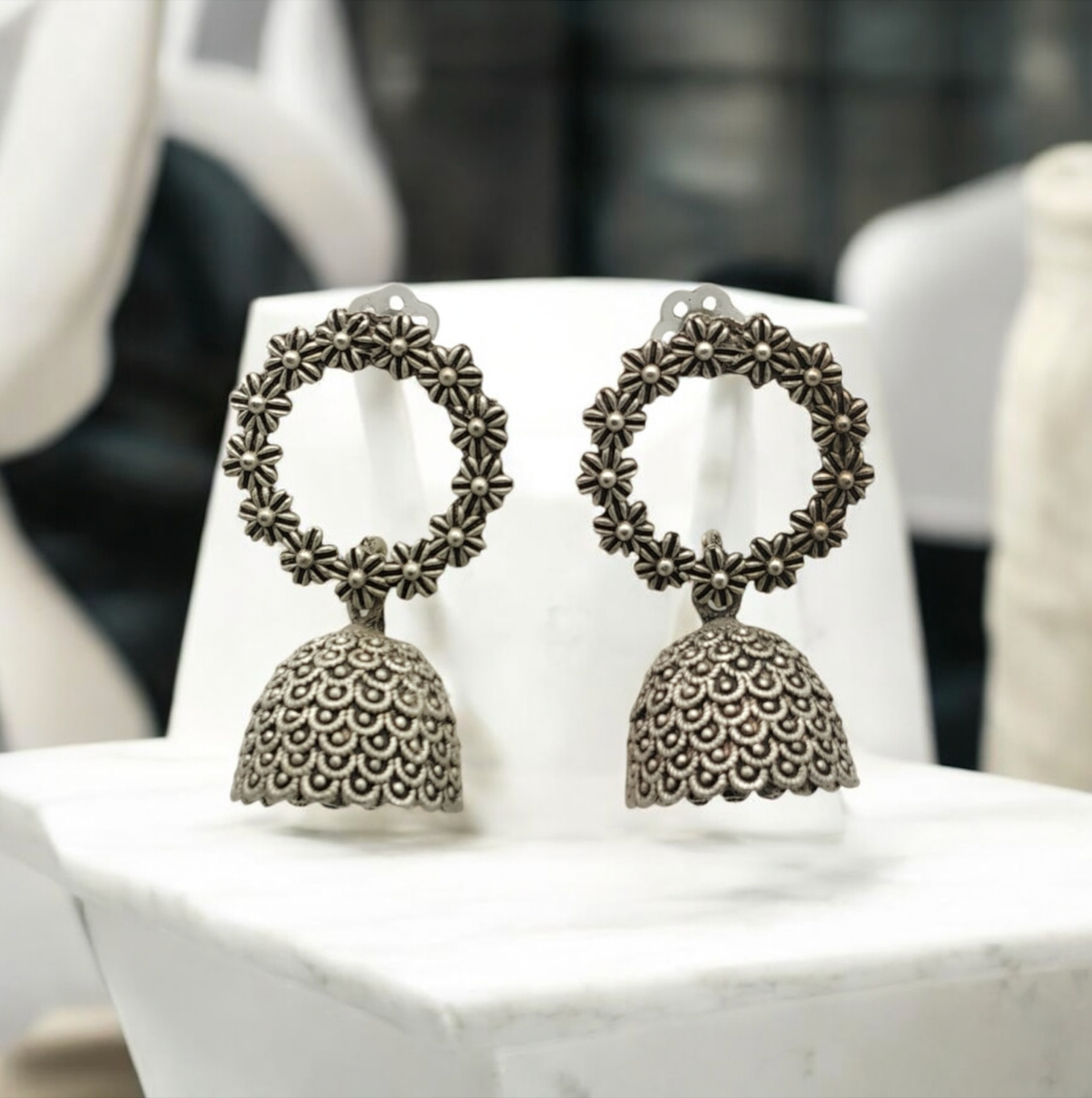 Oxidized Silver Floral Ring Jhumkas