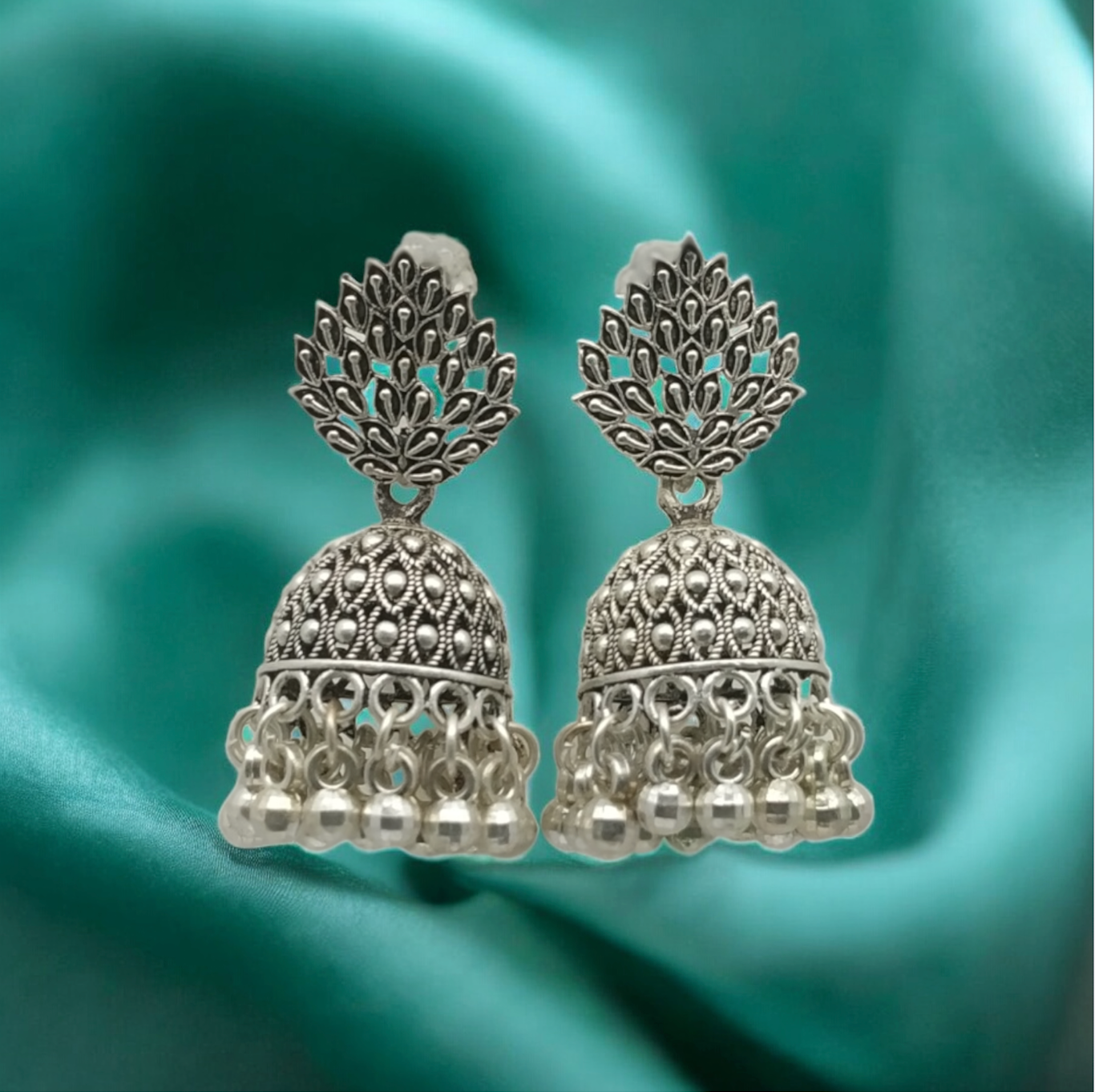 Peacock Design Oxidized Silver Jhumkas