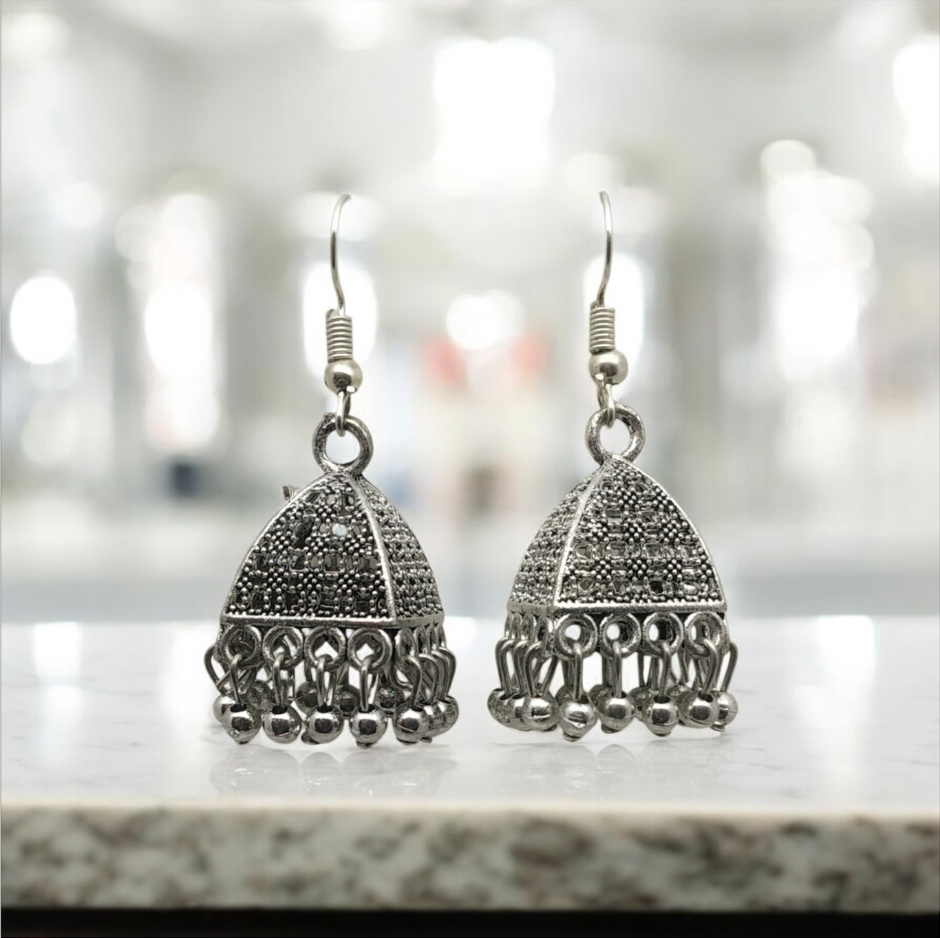 Triangle Oxidized Silver Jhumka Earrings
