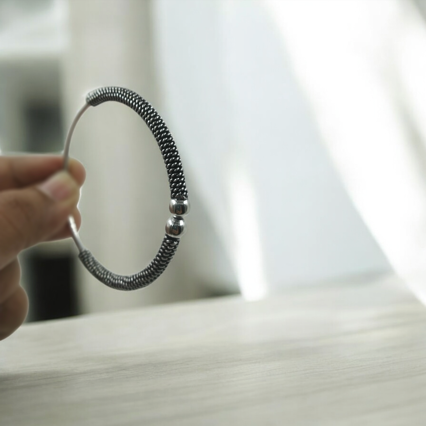 Handcrafted Black Metal and Silver Tone Wire Bangle