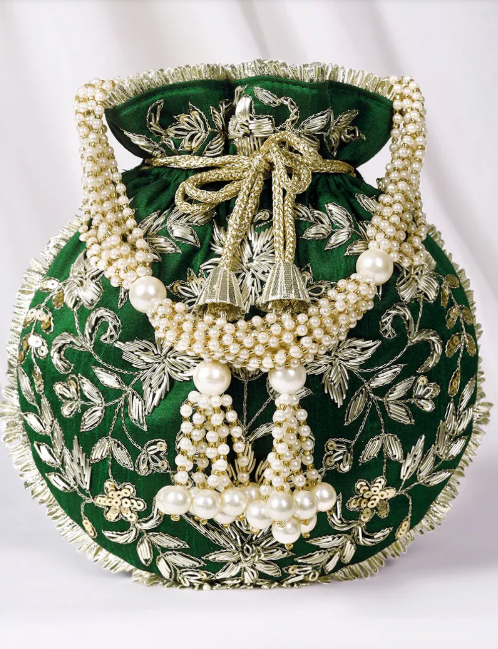 Emerald Green & Pearl Embroidered Potli Bag
