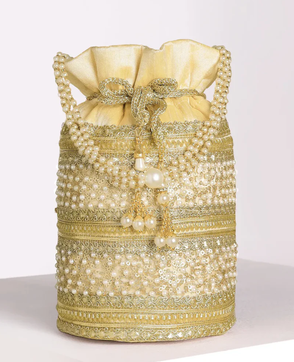 Cream and Gold Embroidered Mirror Work Potli Bag