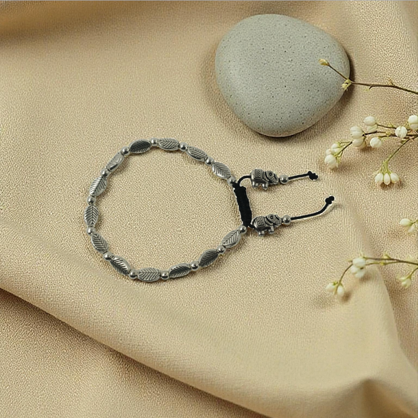 Oxidized Silver Finish Leaf Beaded Bracelet