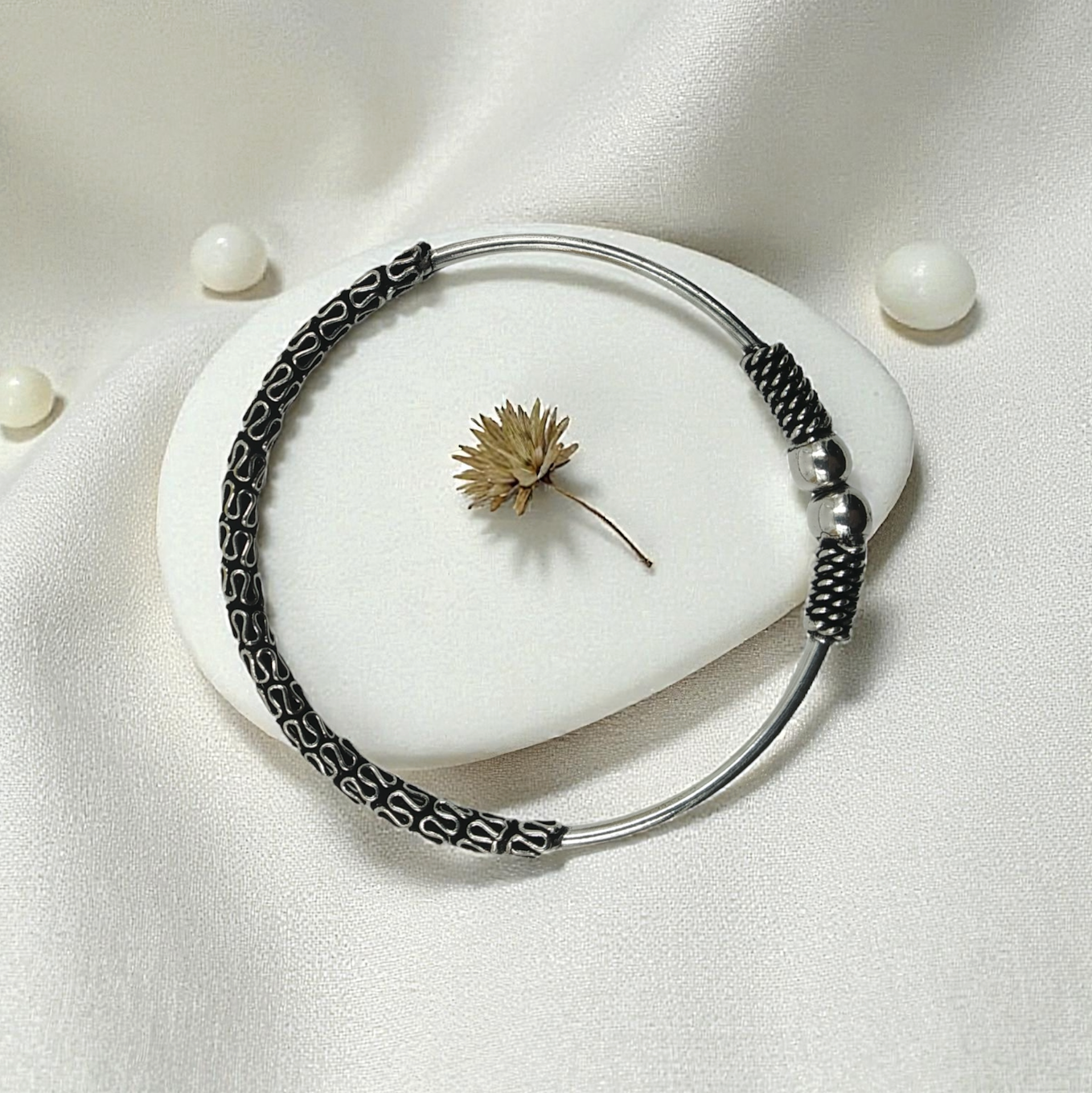 Oxidized Silver Coil & Chain Open Cuff Bracelet